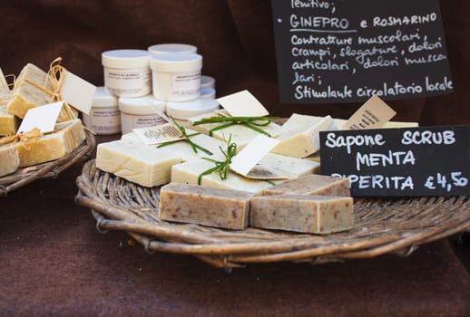 View of homemade soaps in the street market