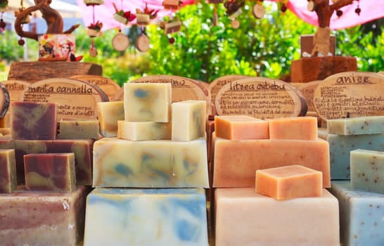 View of homemade soaps in the street market