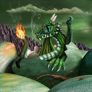 Cute baby fire breathing dragon hatching from a green egg at night
