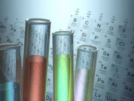 Test tubes with chemical elements inside and periodic table on background.