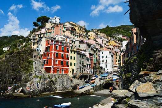 Traditional Mediterranean architecture of Riomaggiore, La Spezia, Liguria, Italy