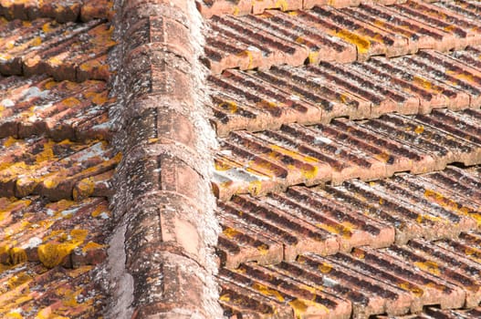 Weathered tiles of old house roof as background