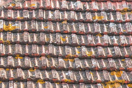Weathered tiles of old house roof as background