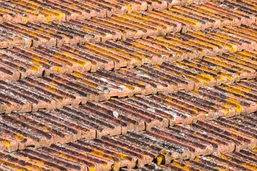 Weathered tiles of old house roof as background