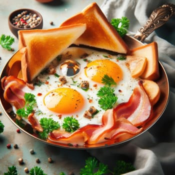 Full English breakfast on a plate with fried eggs, sausages, bacon, beans, toasts and coffee on dark stone background. With copy space. Top view.