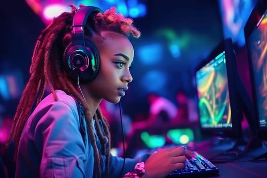 An African-American woman wearing headphones plays games on her computer. Neon light