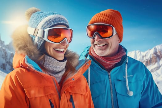 Portrait of a happy middle-aged couple wearing ski goggles. Concept of winter vacation in the mountains