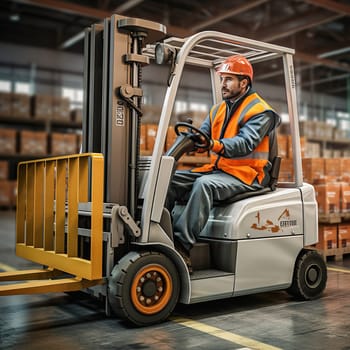A warehouse worker uses a forklift to move merchandise to the shelves