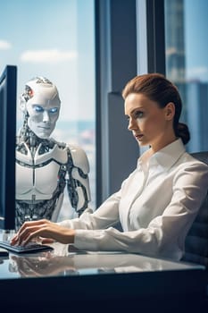 Interview with a futuristic robot in a modern office. The concept of the technical breakthrough of artificial intelligence