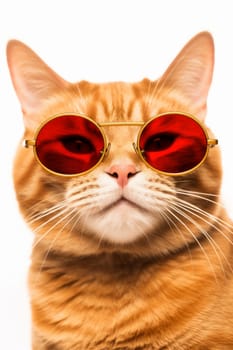 Portrait of ginger cat in blue large round red sunglasses, on white background. Vertical