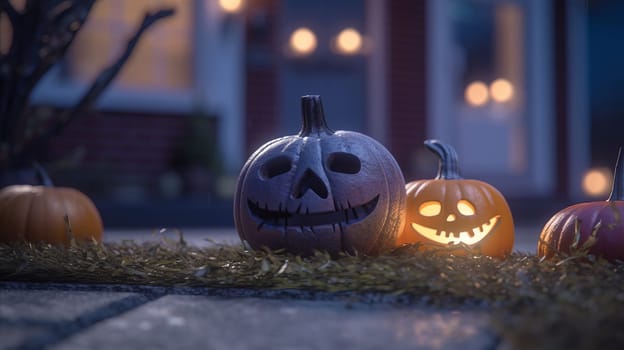 Night view of a halloween pumpkins nearby house in autumn. Close up.