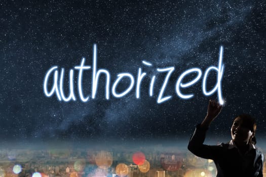 Concept of authorized, silhouette asian business woman light drawing.