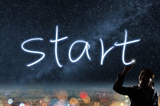 Concept of start, silhouette asian business woman light drawing.