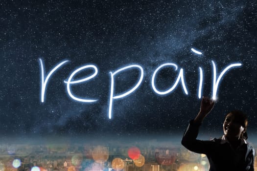 Concept of repair, silhouette asian business woman light drawing.
