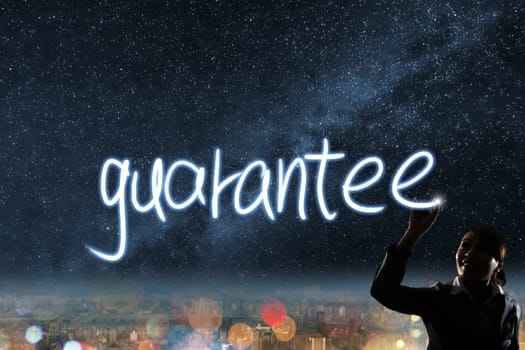 Concept of guarantee, silhouette asian business woman light drawing.