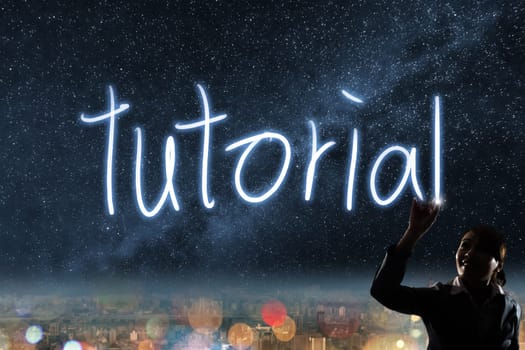 Concept of tutorial, silhouette asian business woman light drawing.