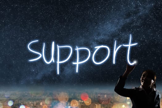 Concept of support, silhouette asian business woman light drawing.