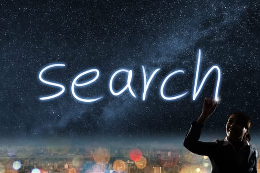 Concept of search, silhouette asian business woman light drawing.