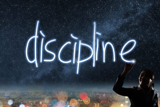 Concept of discipline, silhouette asian business woman light drawing.