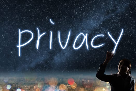 Concept of privacy, silhouette asian business woman light drawing.
