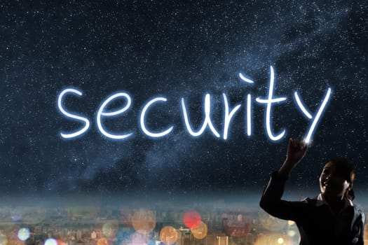 Concept of security, silhouette asian business woman light drawing.