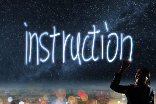 Concept of instruction, silhouette asian business woman light drawing.
