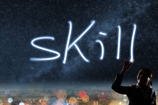 Concept of skill, silhouette asian business woman light drawing.