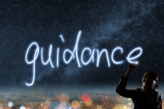 Concept of guidance, silhouette asian business woman light drawing.