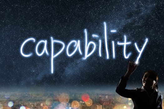 Concept of capability, silhouette asian business woman light drawing.