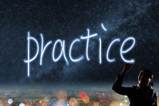 Concept of practice, silhouette asian business woman light drawing.