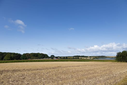 A picturesque lake surrounded by harvested fields