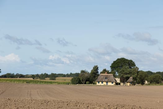 Small yellow house on the edge of a field