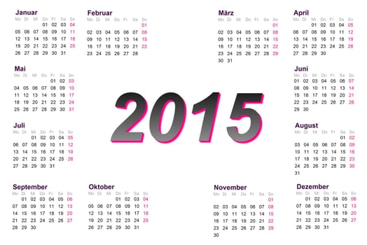 European german 2015 year calendar with week starting from monday
