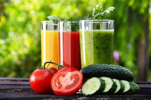 Glasses with fresh vegetable juices in the garden. Detox diet.