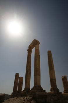 The Ruins of the citadel Jabel al Qalah in the City Amman in Jordan in the middle east.