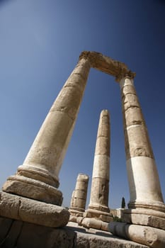 The Ruins of the citadel Jabel al Qalah in the City Amman in Jordan in the middle east.