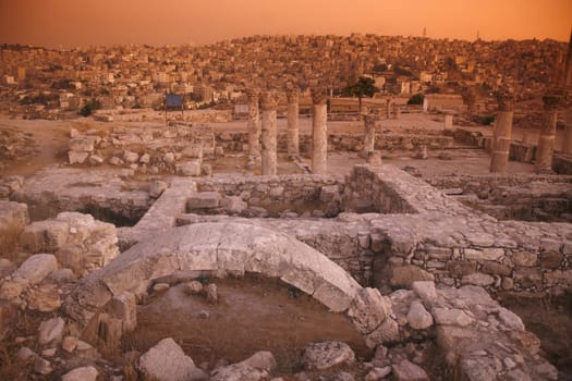 The Ruins of the citadel Jabel al Qalah in the City Amman in Jordan in the middle east.