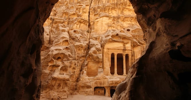 The Treasury of the little Petra in the Temple city of Petra in Jordan in the middle east.