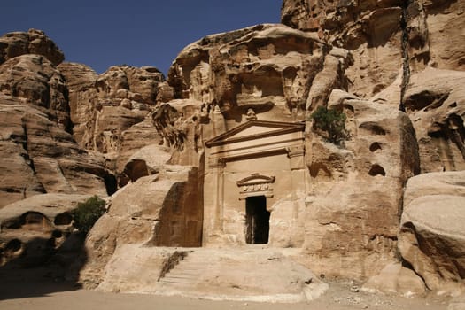 The Treasury of the little Petra in the Temple city of Petra in Jordan in the middle east.