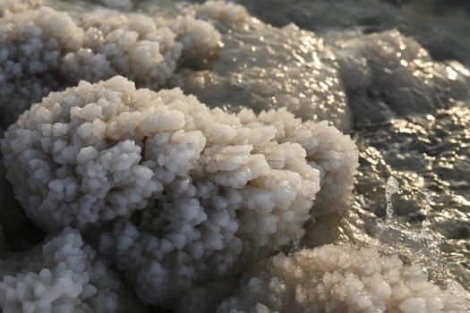 The coast with natural salt of the death sea neat the Village of Mazraa in Jordan in the middle east.