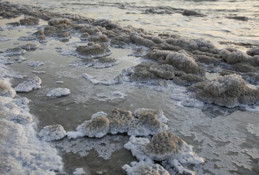 The coast with natural salt of the death sea neat the Village of Mazraa in Jordan in the middle east.