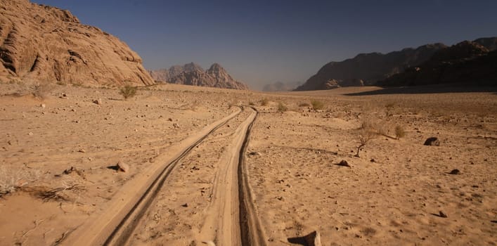The Landscape of the Wadi Rum Desert in Jordan in the middle east.