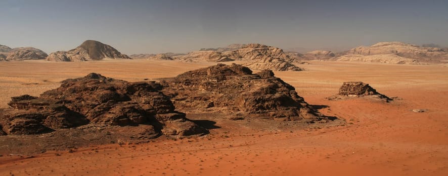 The Landscape of the Wadi Rum Desert in Jordan in the middle east.