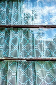 A retro lace curtain handmade, background.