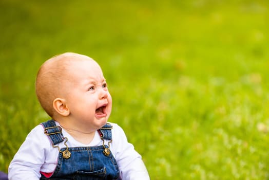 Babby sitting on grass and crying - outdoor with copy space