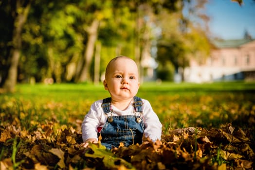 Babby sitting in fallen autumn leaves with unhappy thoughtful expression