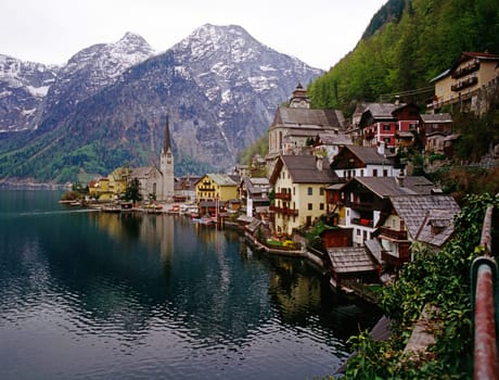 Hallstatt with lake and mountains in Austria