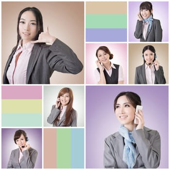 Collection of Asian business woman talk and listen, concept about connect, social media, group, speak etc.