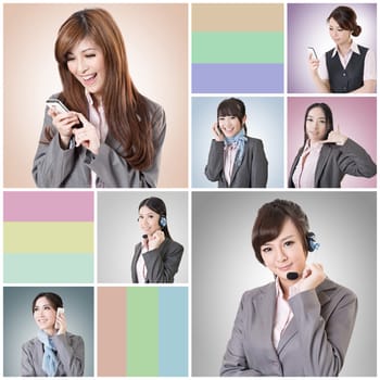 Collection of Asian business woman talk and listen, concept about connect, social media, group, speak etc.