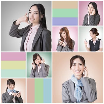 Collection of Asian business woman talk and listen, concept about connect, social media, group, speak etc.